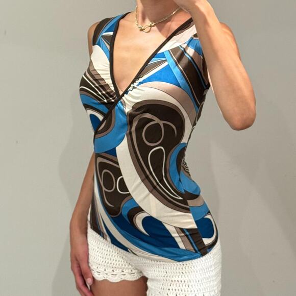 Blue and Brown V neck Top - Picture 2 of 5